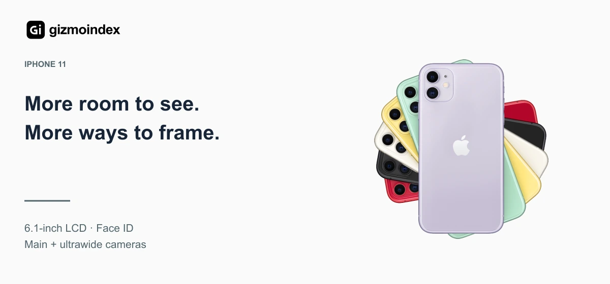 iPhone 11: More room to see.. More ways to frame. 6.1-inch LCD · Face ID. Main + ultrawide cameras