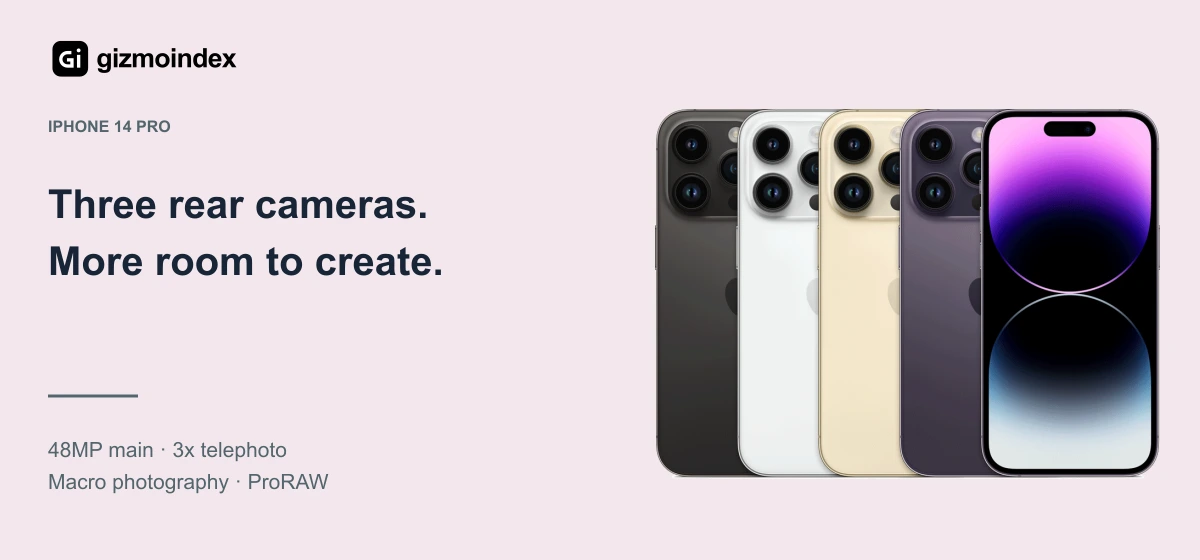 iPhone 14 Pro: Three rear cameras.. More room to create. 48MP main · 3x telephoto. Macro photography · ProRAW