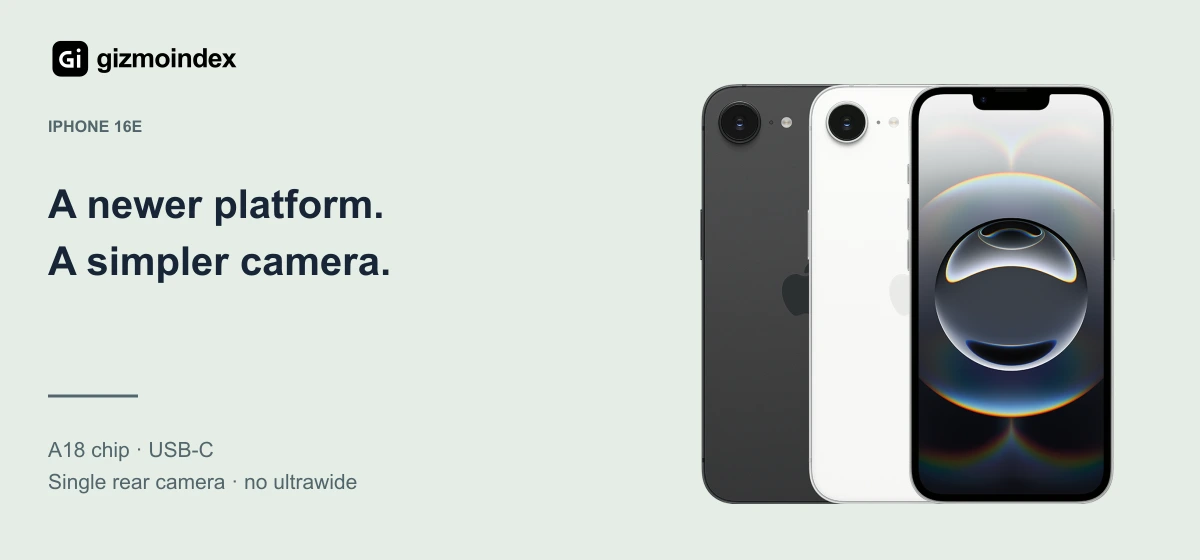 iPhone 16e: A newer platform.. A simpler camera. A18 chip · USB-C. Single rear camera · no ultrawide