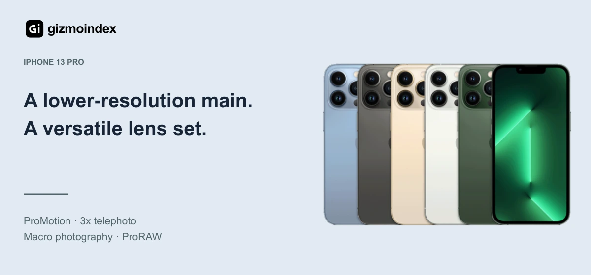 iPhone 13 Pro: A lower-resolution main.. A versatile lens set. ProMotion · 3x telephoto. Macro photography · ProRAW