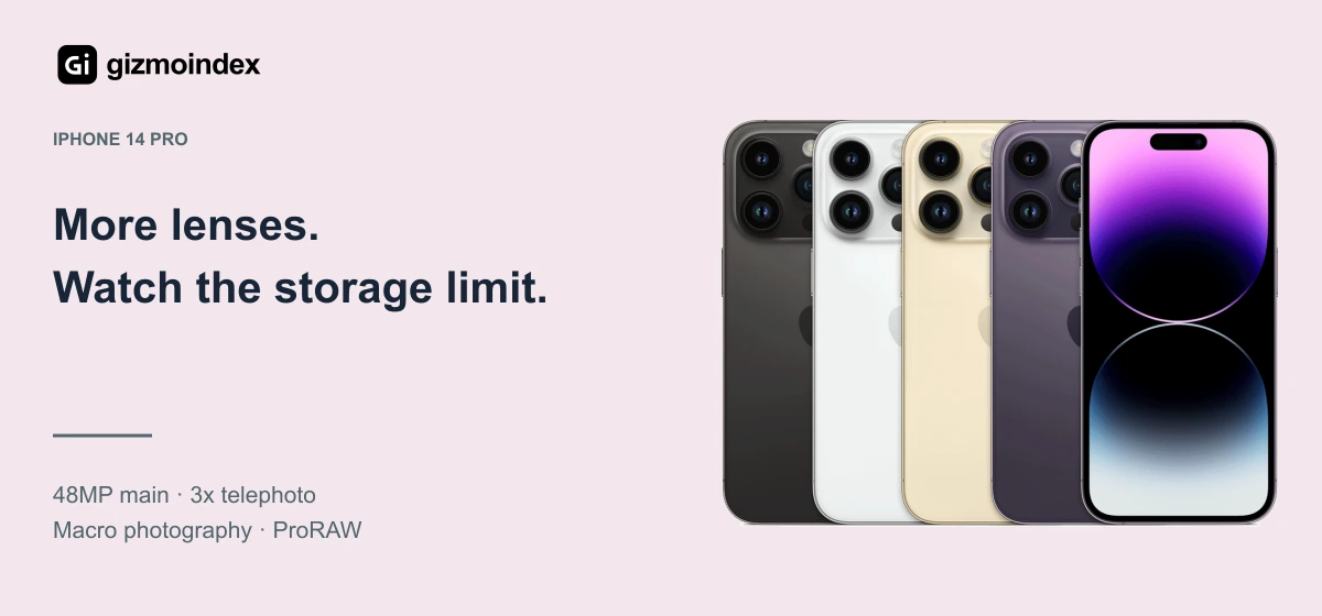 iPhone 14 Pro: More lenses.. Watch the storage limit. 48MP main · 3x telephoto. Macro photography · ProRAW