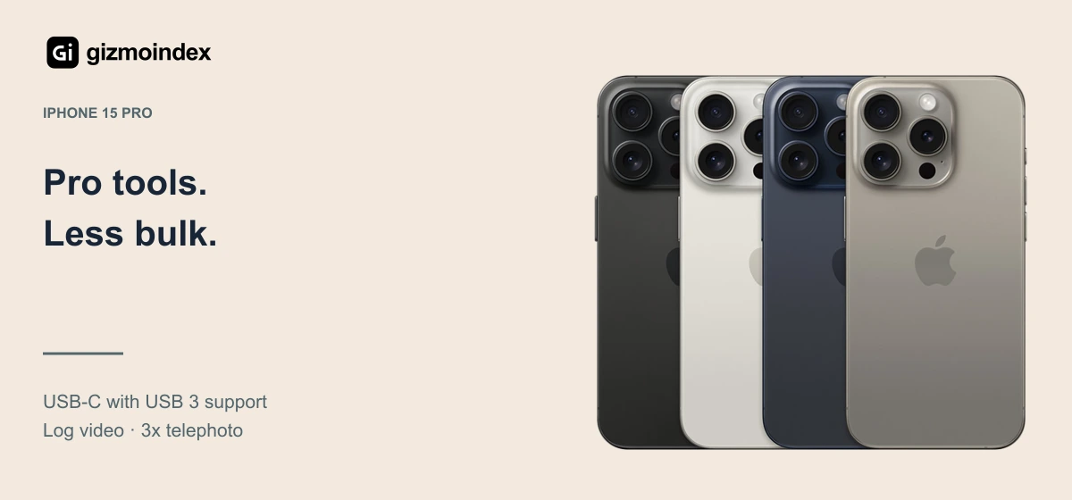 iPhone 15 Pro: Pro tools.. Less bulk. USB-C with USB 3 support. Log video · 3x telephoto