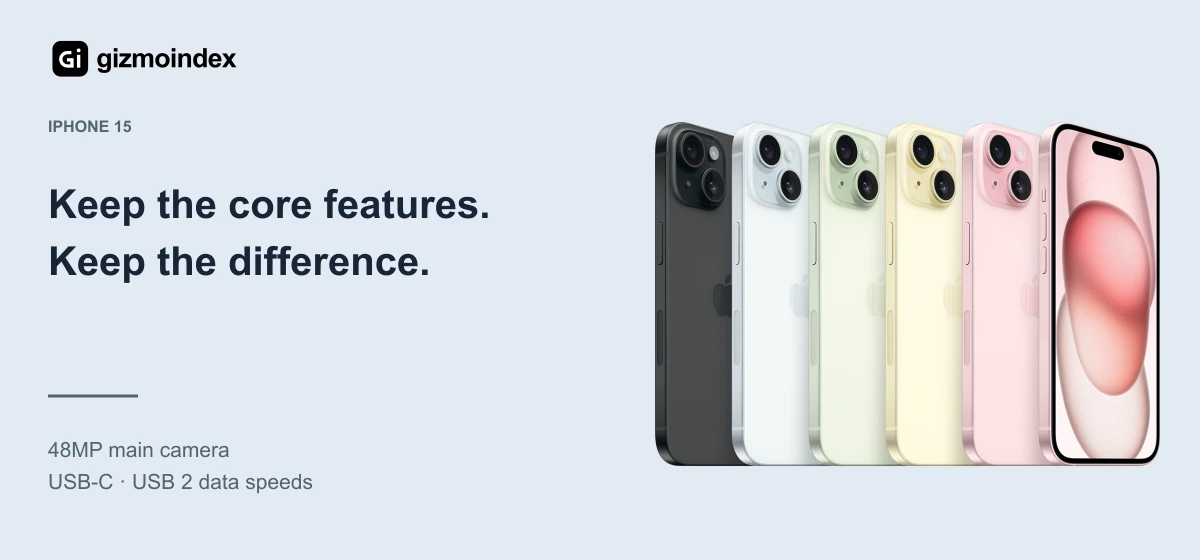 iPhone 15: Keep the core features.. Keep the difference. 48MP main camera. USB-C · USB 2 data speeds