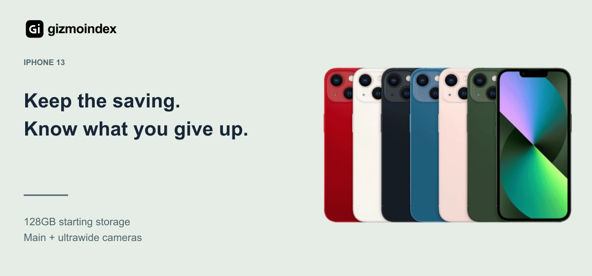 iPhone 13: Keep the saving.. Know what you give up. 128GB starting storage. Main + ultrawide cameras