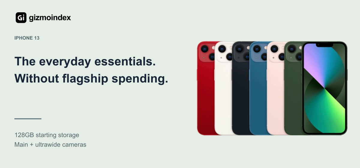 iPhone 13: The everyday essentials.. Without flagship spending. 128GB starting storage. Main + ultrawide cameras