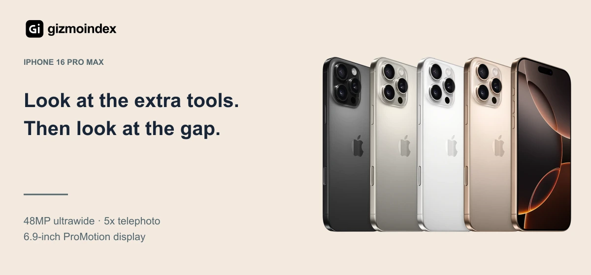 iPhone 16 Pro Max: Look at the extra tools.. Then look at the gap. 48MP ultrawide · 5x telephoto. 6.9-inch ProMotion display