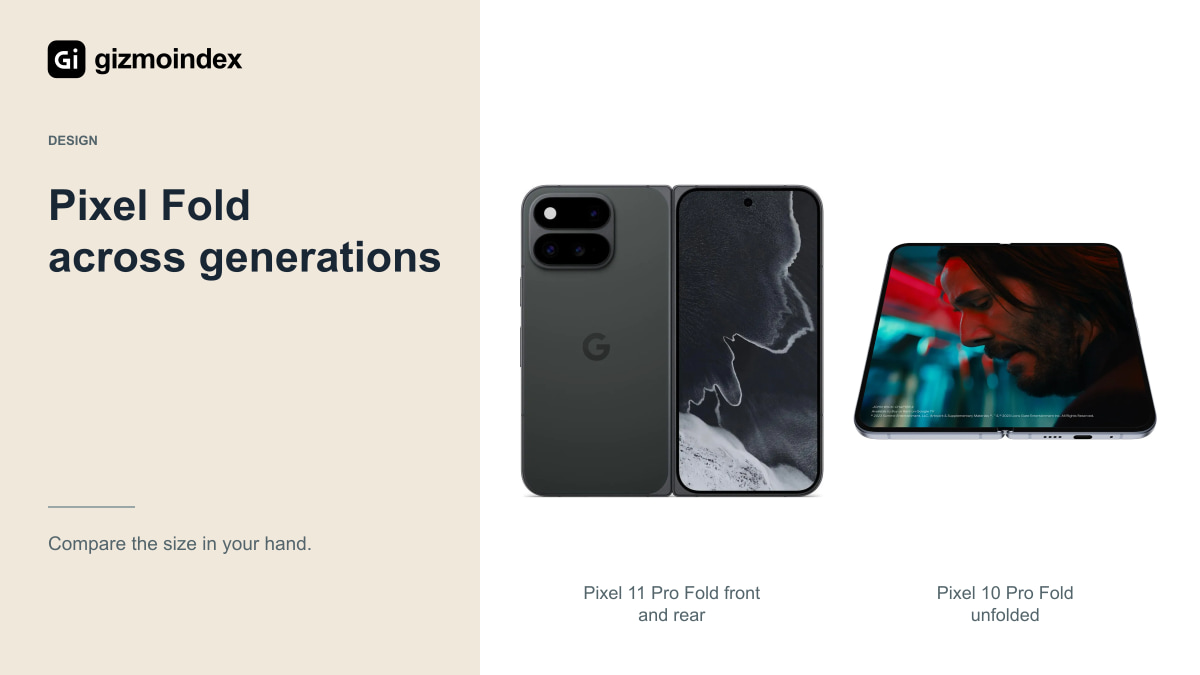 Pixel Fold across generations: Google Pixel 11 Pro Fold front and rear and Google Pixel 10 Pro Fold unfolded