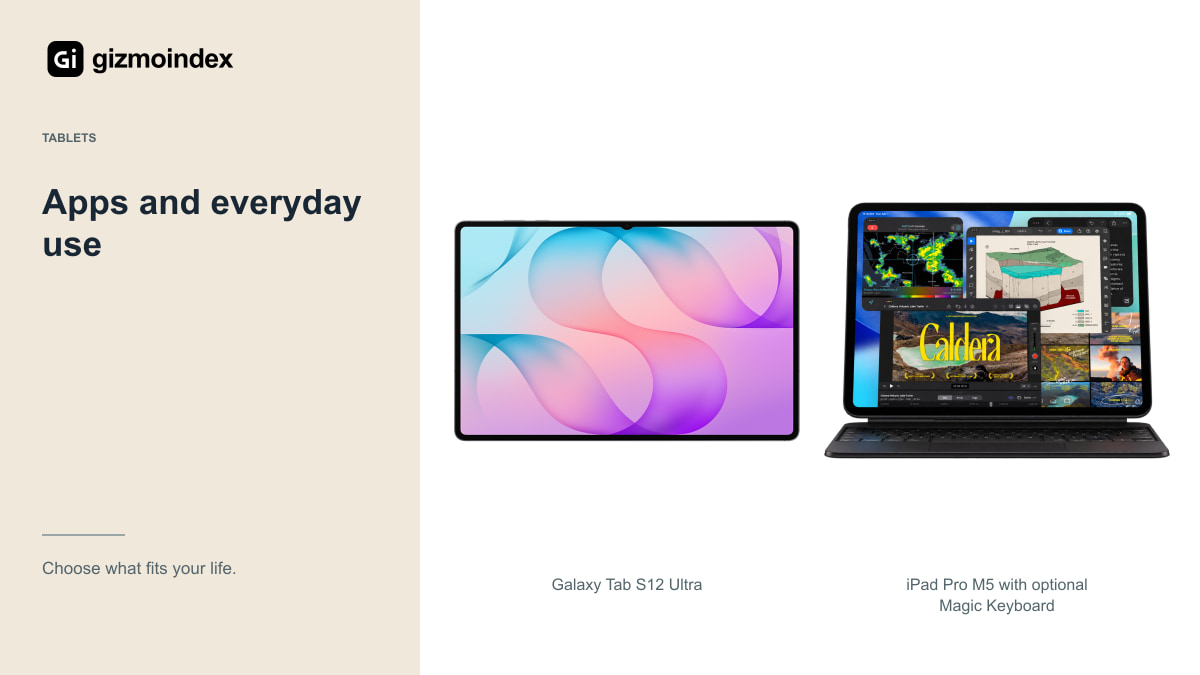 Apps and everyday use: Galaxy Tab S12 Ultra and iPad Pro M5 with optional Magic Keyboard